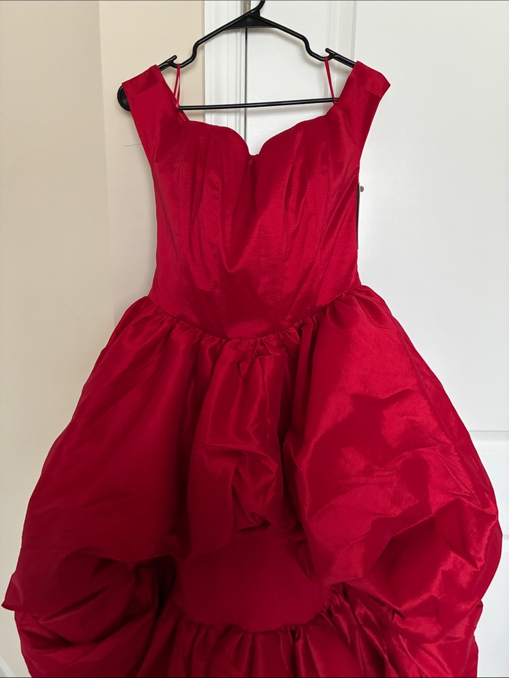 Meshki Red Off-Shoulder High-Low Ball Skirt; Meshki Amelia Bubble Maxi Dress - Picture 5 of 7